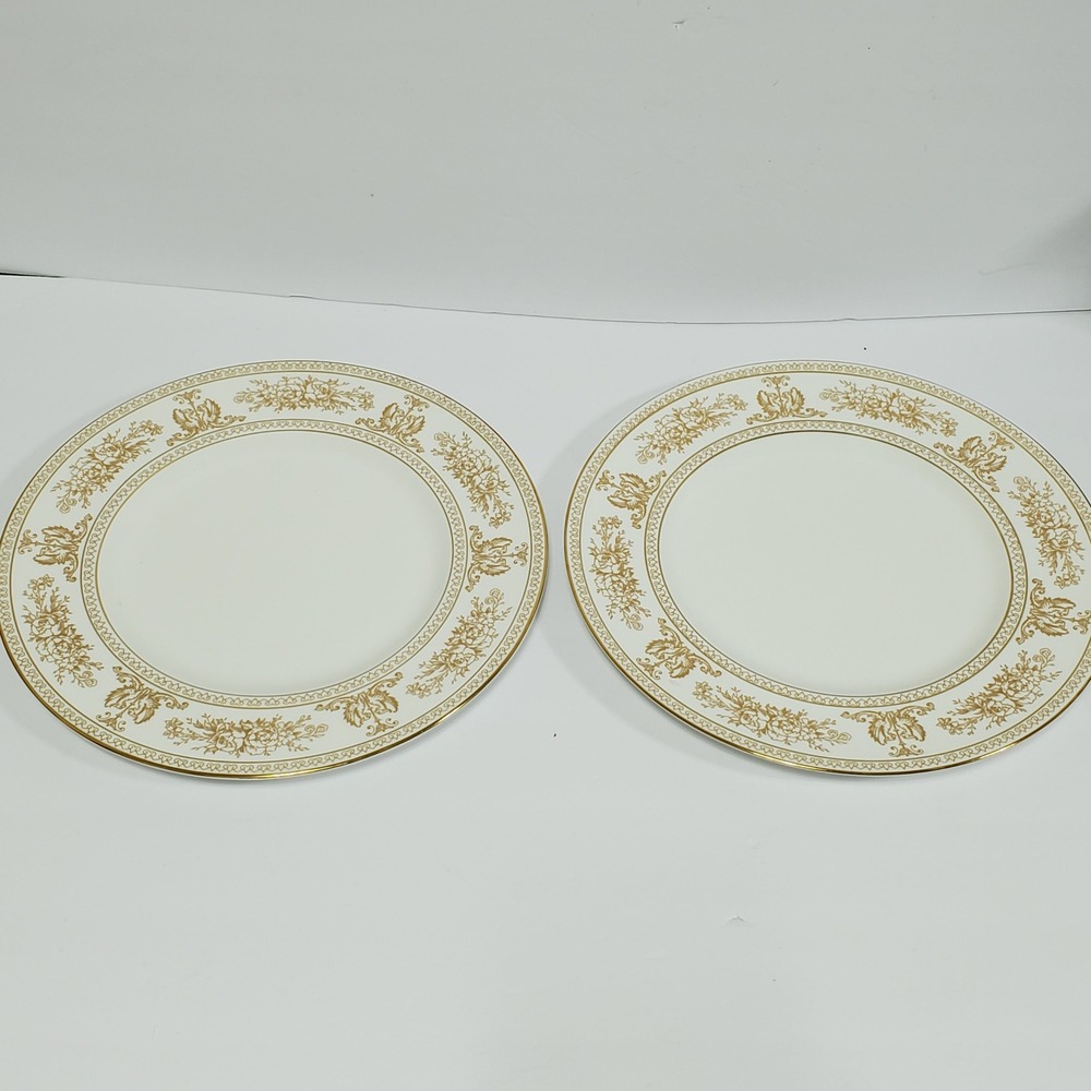 Wedgwood Gold Columbia Dinner Plates Set of 2 White Gold   Bone China
